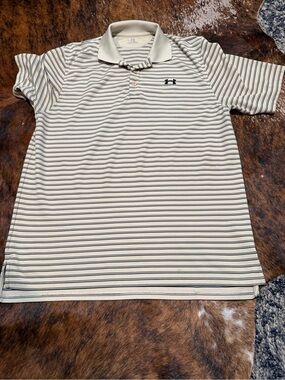Under Armour Mens HeatGear Striped Polo Shirt Tan Khaki L Loose Fit Golf Tee